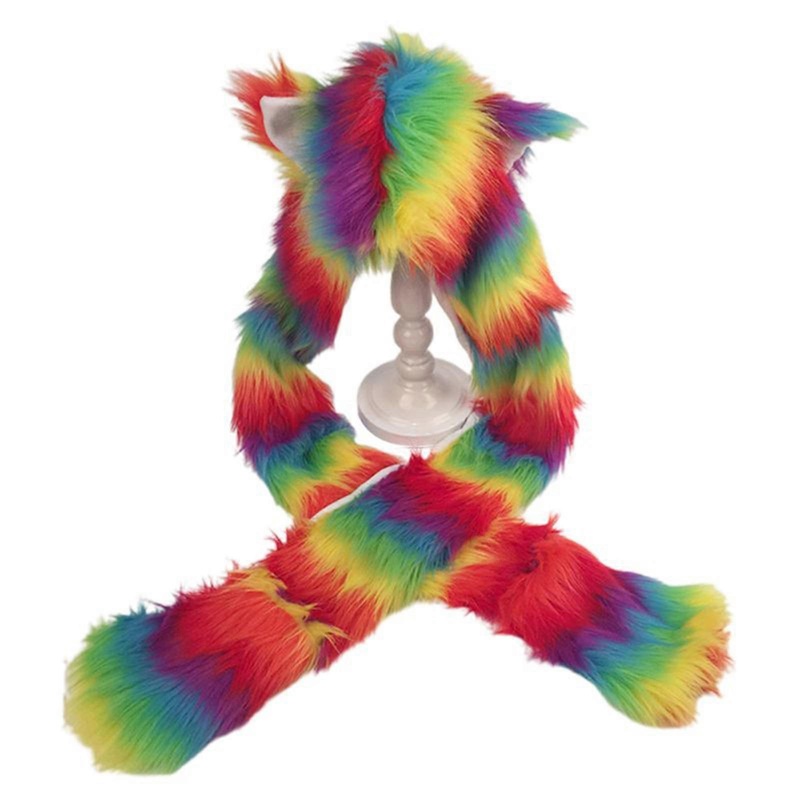 Women Girls Rainbow Fluffy Plush Wolf Ears Animal Hat Hoodie Scarf Earflap Cap  Multi One Size | Fruugo SG