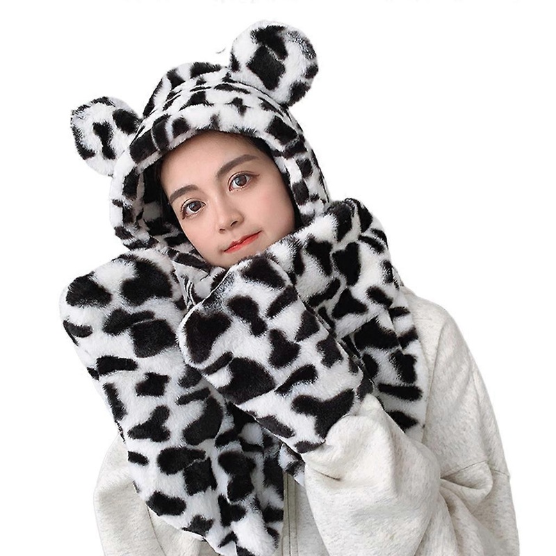 Leopard Fashion Hooded Scarf Hat Glove 3 in 1 Sets Women Winter Warm Soft Hood Scarf Snood Pocket Hats Gloves  Leopard print black and white | Fruugo SG