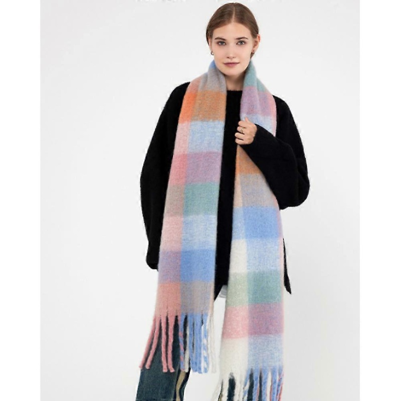 women’s faux wool plaid tassel rainbow scarf, winter warm long scarf shawl-blue green pink plaid | Fruugo SG