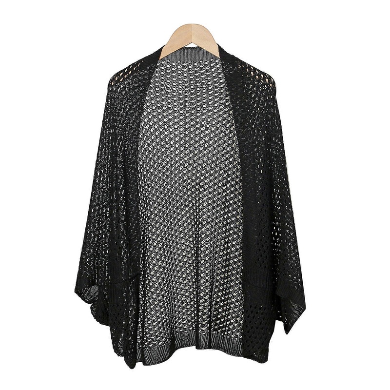 Fashion Women Solid Color Hollow Knit Shawl Cardigan Shrug Batwing Sleeve Open Front Casual Loose Sweater Coat Outerwear  Black | Fruugo SG