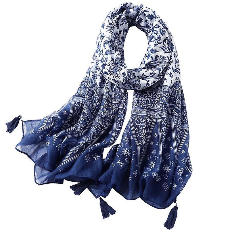 Ladies Shawl Soft Cotton Scarf with Fringe Blue and White Rectangular Protection 1Pack | Fruugo SG