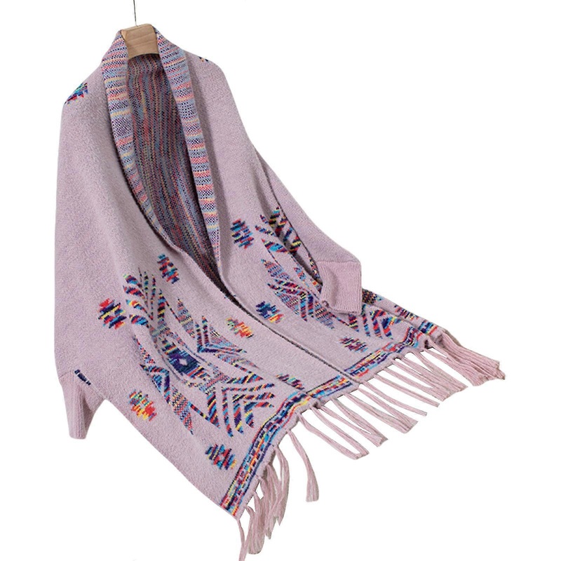 Ethnic Knit Geometric Pattern Batwing Sleeve Shawl Wrap Open Front Sweater Ponchos for Women Fall Fringes Cardigan Shrug  Pink | Fruugo SG