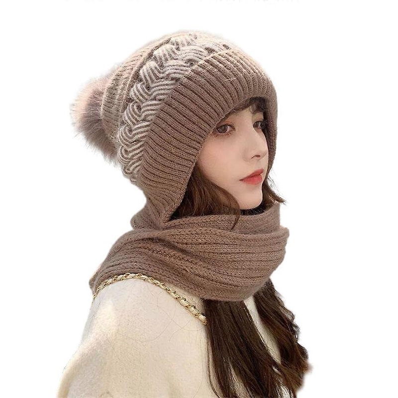 Women’s 2 In 1 Scarf and Hat Ladies Winter Warm Knitted Beanie Hat Pom Neck Hats | Fruugo SG