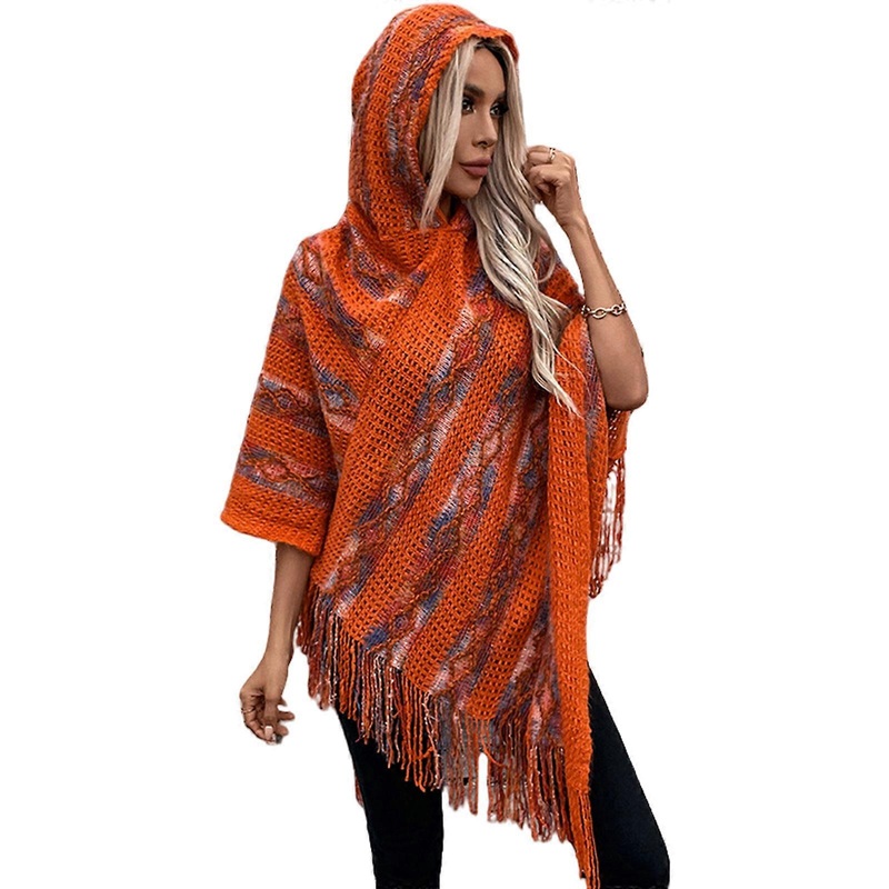 Elegant Hooded Knitted Ponchos Capes for Women Multicolor Striped Sweater Shawl with Fringes Tasels for Casual or Party  brick red | Fruugo SG