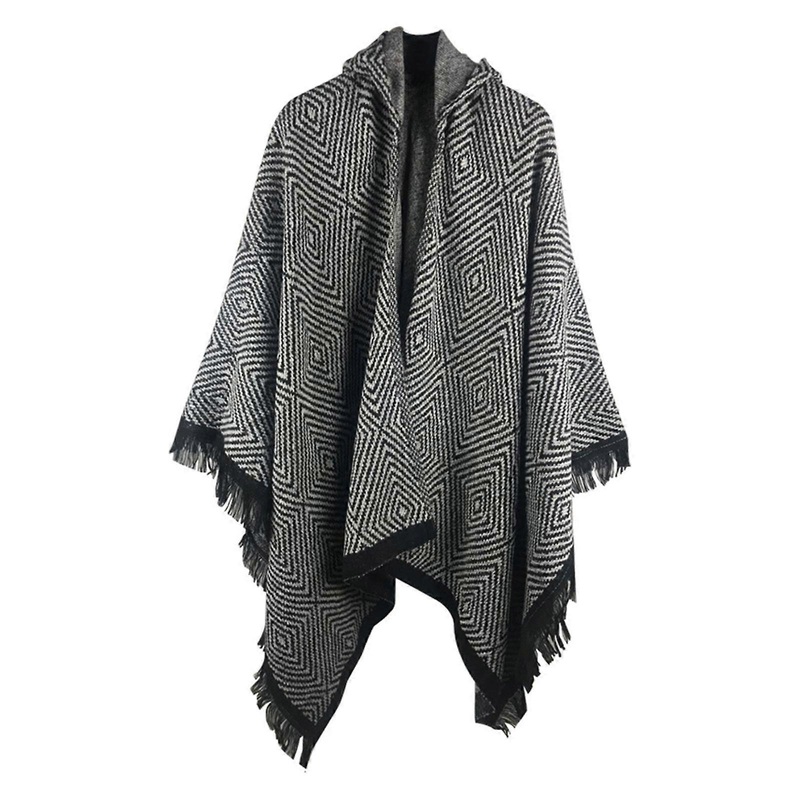 Women Vintage Rhombus Knitted Hooded Cape Fringe Tassel Hem Oversized Poncho Shawl Wrap Winter Warm Open Front Cardigan | Fruugo SG