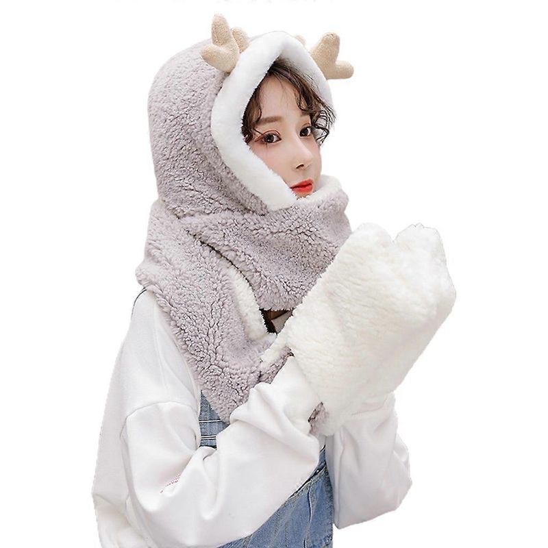 Women Winter Warm Reindeer Antler 3 In 1 Plush Hoodie Hat with Long Scarf Gloves  Gray | Fruugo SG