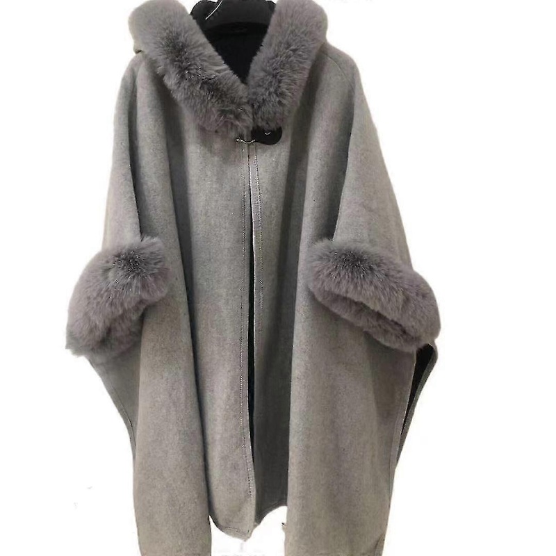 Autumn And Winter Imitation Rex Rabbit Fur Collar Hooded Shawl Woolen Coat | Fruugo SG