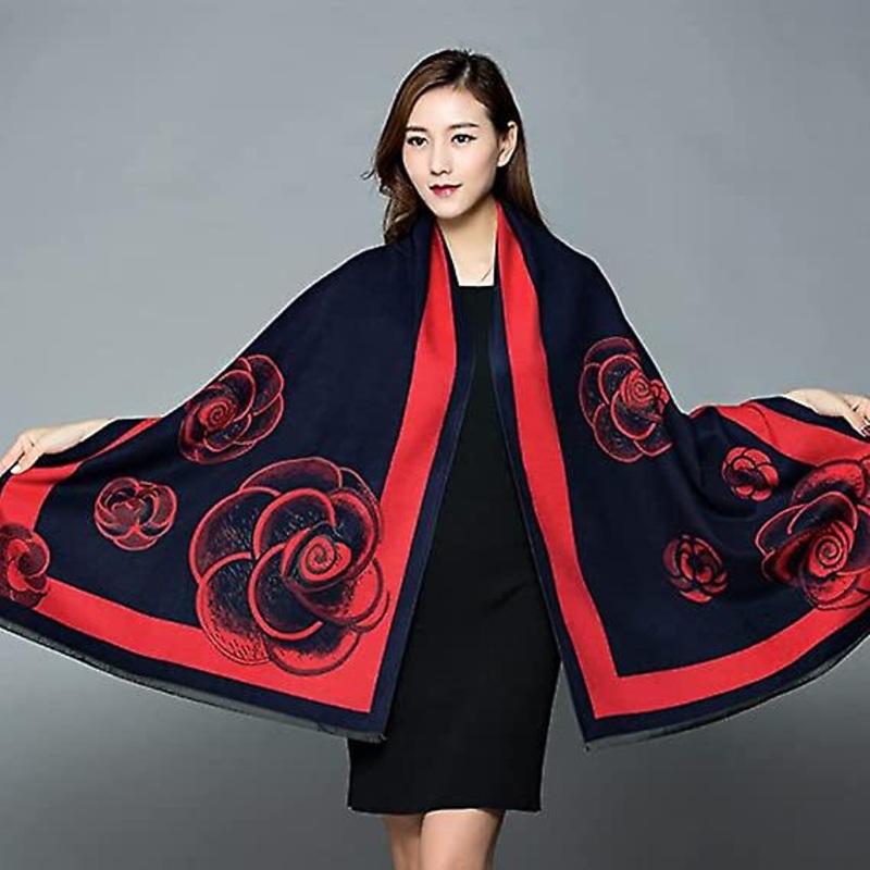 Head Scarf For Women,women’s Autumn Winter Cold-proof Scarf Vintage Navy Blue Roses Flower Jacquard Red Border Ethnic Warm Soft Cashmere Touch Scarf T | Fruugo SG