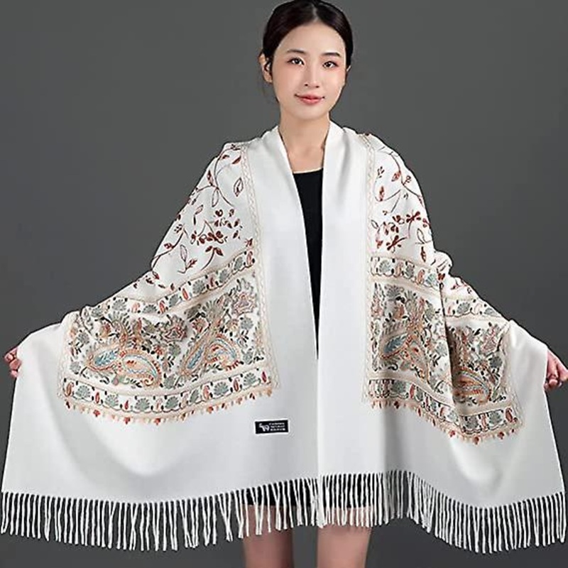 Head Scarf,women’s Autumn Winter Cold-proof Scarf Vintage White Flowers Leaves Branches Feather Embroidery Ethnic Warm Soft Cashmere Touch Scarf Thick | Fruugo SG