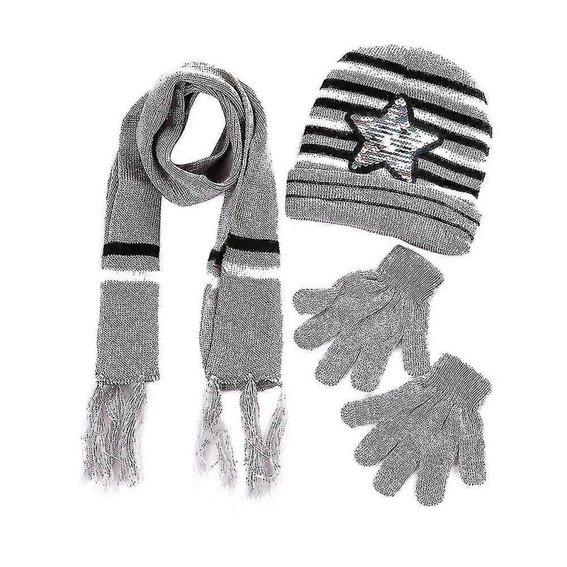 Children Winter Warm Knitted Beanie Cap Scarf Gloves Set Sequin Pentagram Pattern | Fruugo SG