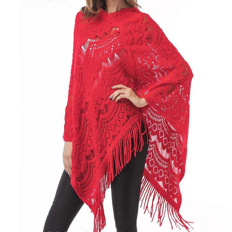 Women Hollow Out Crochet Sweater Cape Pullover Knit Shawl Scarf Tassel Poncho  Red | Fruugo SG