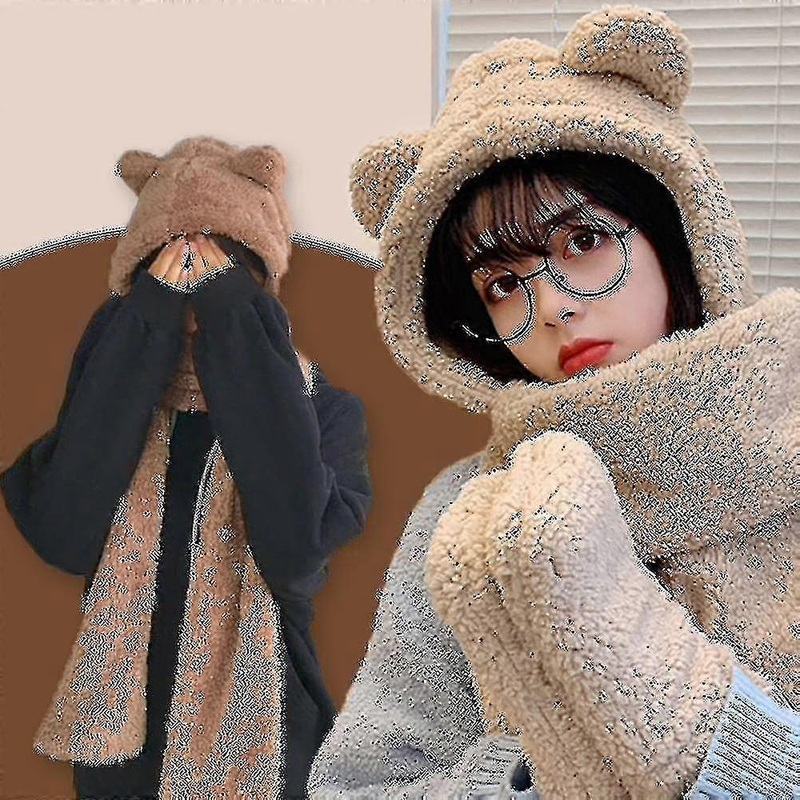 Cute Bear Ear Hat Scarf Gloves Set Winter Women All With Cute Hooded Bear Scarf Gloves A Warm Cold Ear Protector Warm Plush Hat – Snngv | Fruugo SG