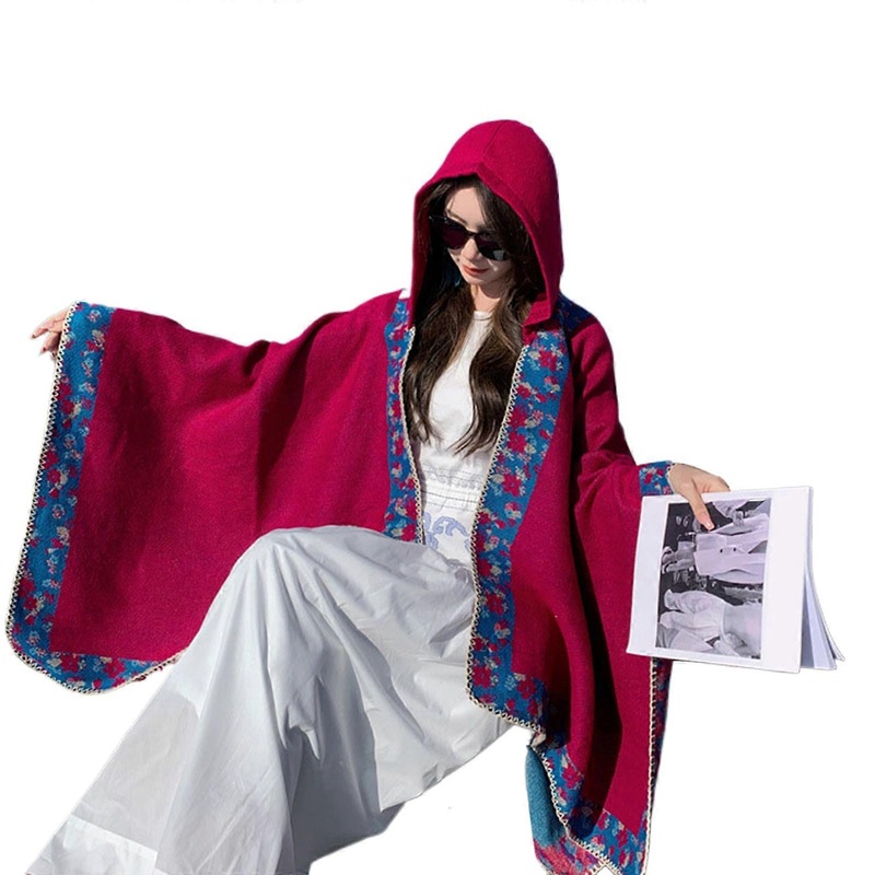 Hooded Ethnic Shawl for Women Spring Autumn Tippet Warm Oversized Shawl for Trendy Women’s Wear  Rose Red | Fruugo SG