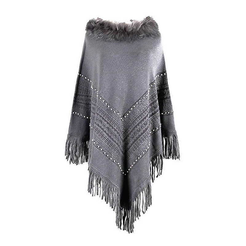 Autumn Winter Grey Pullover Shawl with Fur Collar Knitting Poncho with Tassel for Lady | Fruugo SG