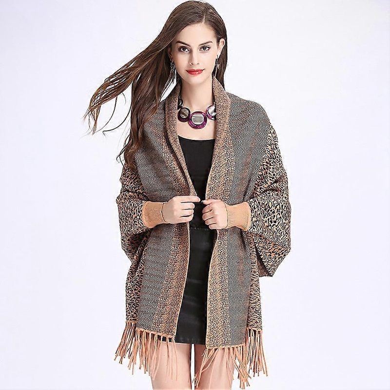 Leopard Print Wrap Shawl Loose Cardigan with Tassel Sleeve for Lady | Fruugo SG