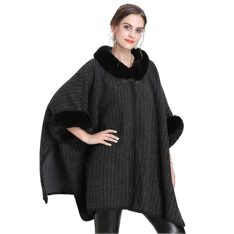 Loose Shawls with Handcraft Faux Fur Trimming Elegant Cardigan Cape for Lady Black | Fruugo SG