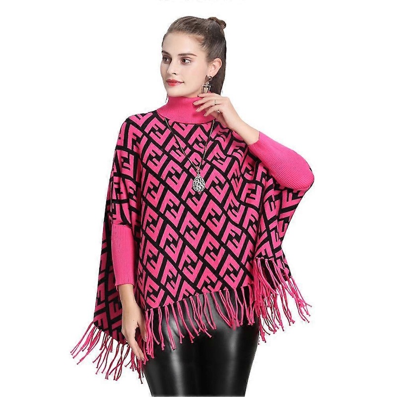 Loose Turtleneck Pullover Wrap Shawl Batwing Blouse with Tassel Knitting Cape for Lady | Fruugo SG