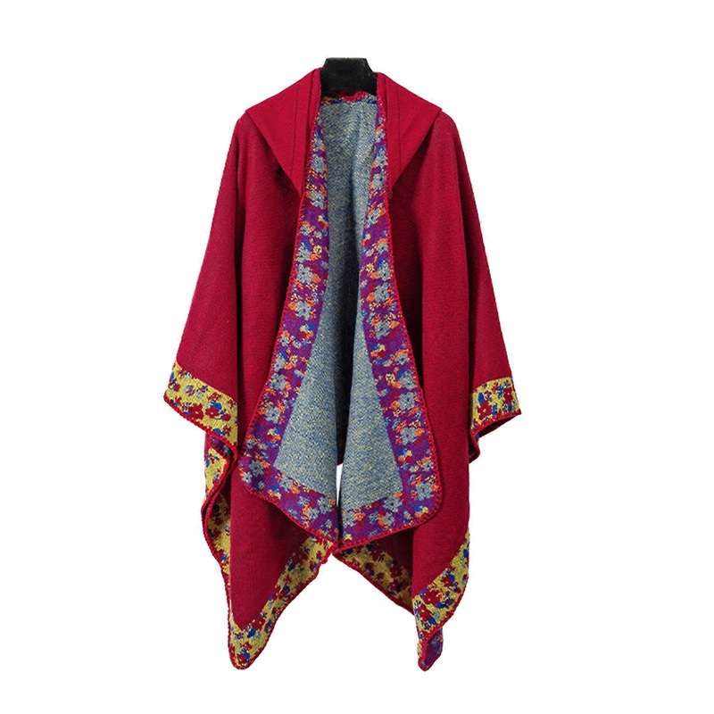 Women Hooded Poncho Cape Ethnic Floral Oversized Sweater Cloak Shawl Wraps Open Front Cardigan Coat Blanket for Travel  Red | Fruugo SG