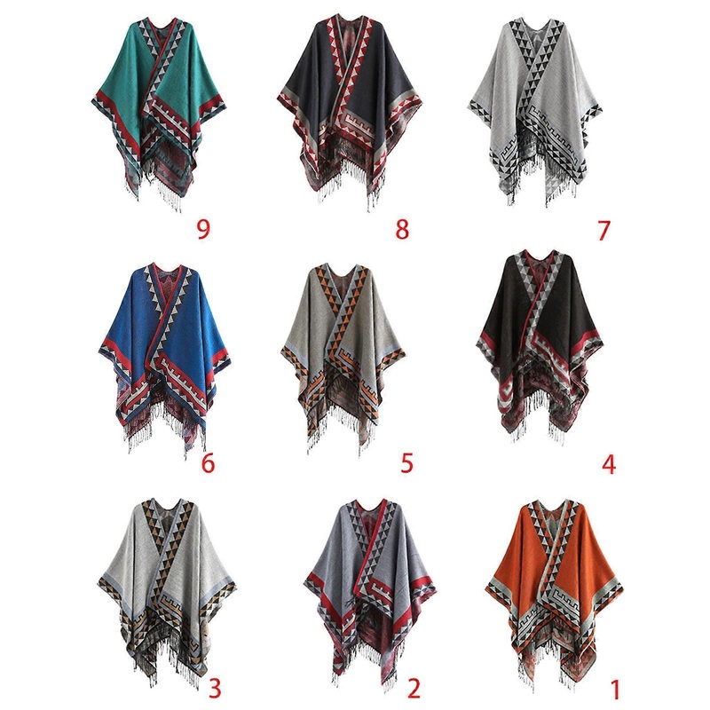 Women Winter Tassel Poncho Cape Vintage Colorful Geometric Striped Pattern Blanket Shawl Wrap Open Front Cardigan Coat  9 | Fruugo SG