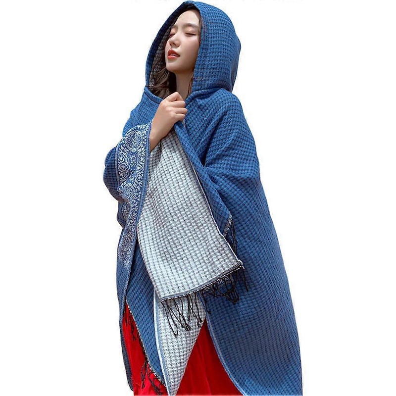 Blue Hooded Cape with Fringed Hem Ethnic Style Thicken Poncho Open Front Coat for Lady | Fruugo SG