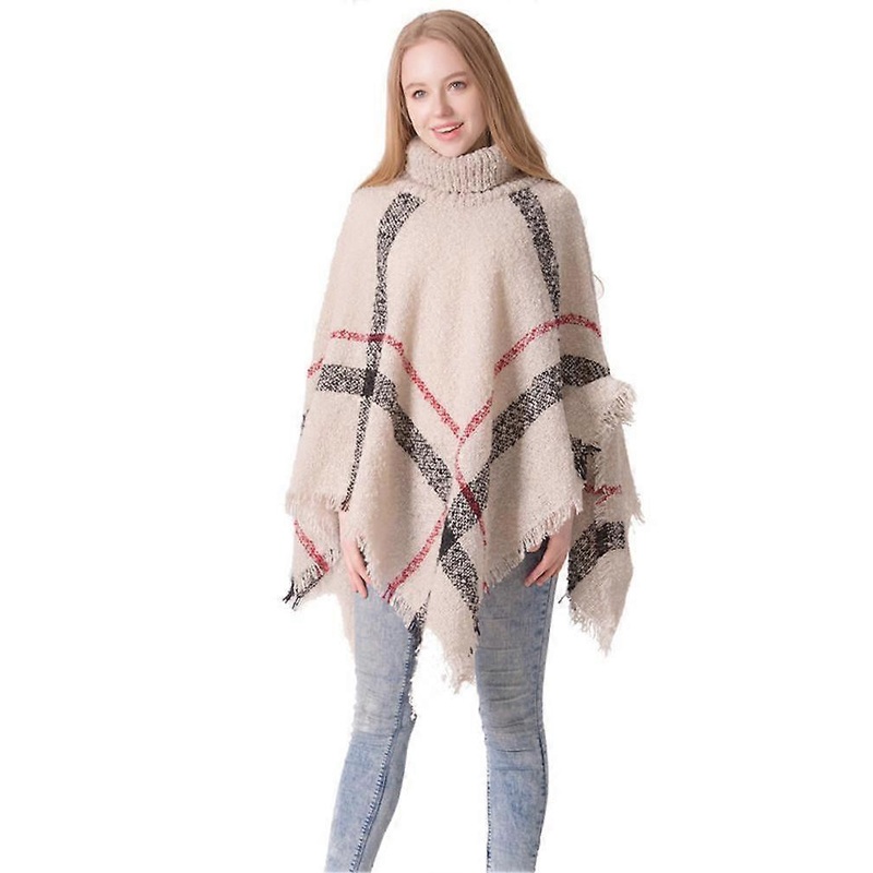 Loose Turtleneck Pullover Wrap Shawl Plaid Knitting Cape for Lady | Fruugo SG