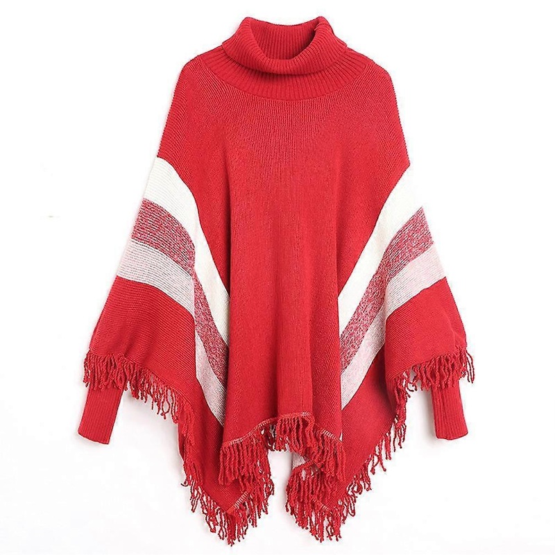 Loose Turtleneck Pullover Wrap Shawl with Tassel Warm Knitting Batwing Sleeve Cape for Lady | Fruugo SG