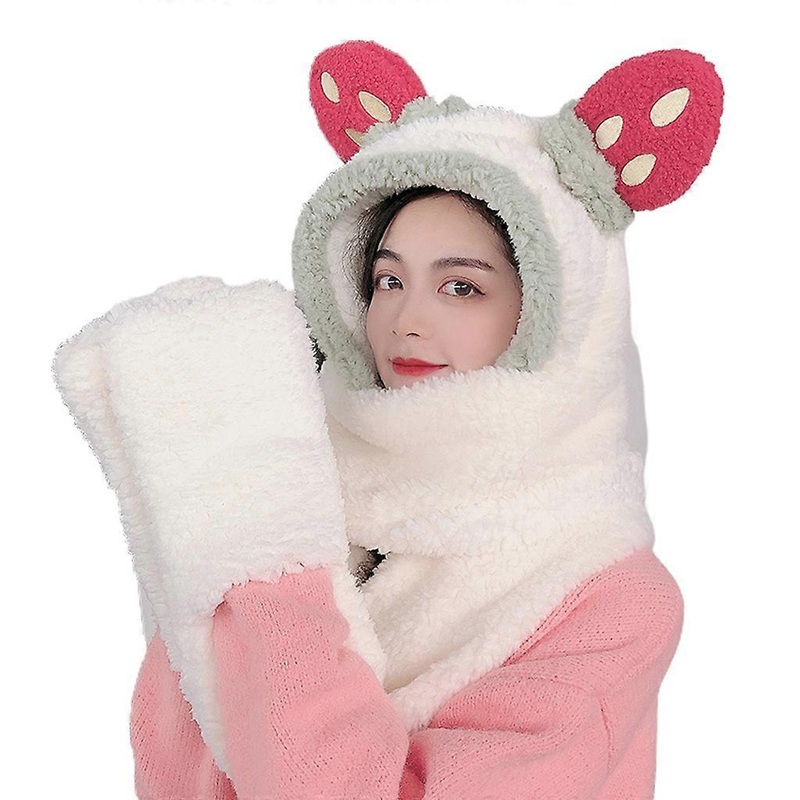 Women Winter Warm Cartoon Strawberry Ears 3 In 1 Plush Hooded Scarf Hat Gloves  White | Fruugo SG