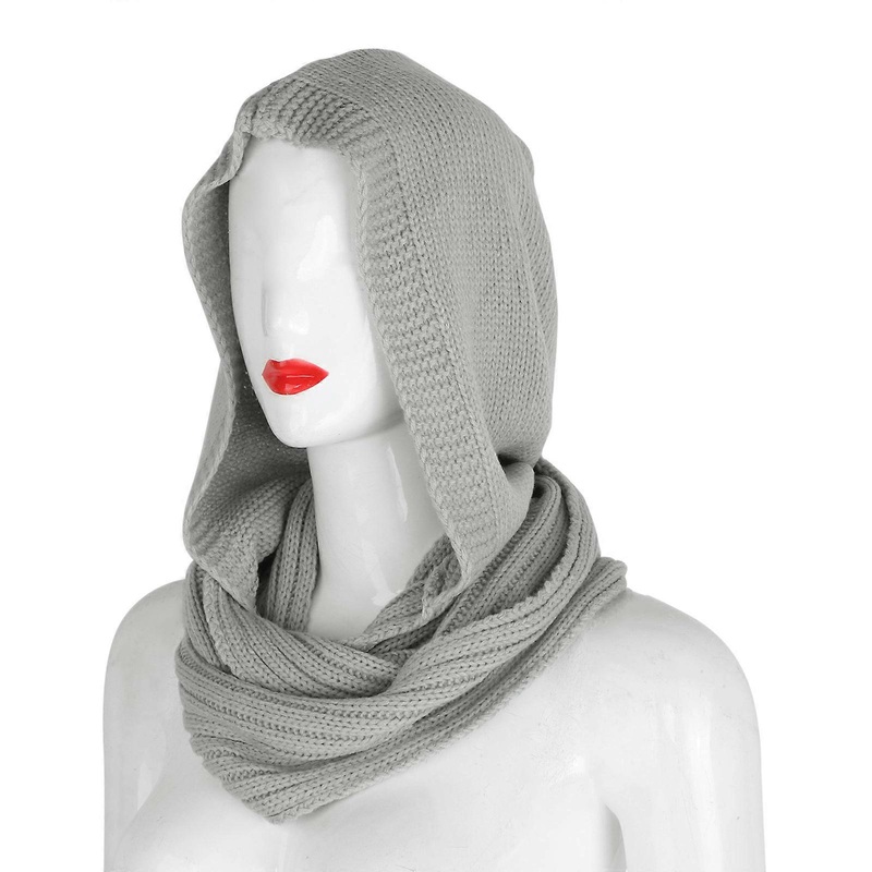 Women Winter Crochet Knit Hood for Infinity Scarf Outdoor Windproof Warm Long Shawl Wrap Solid Color Earflap Hat Neck Wa  light gray | Fruugo SG