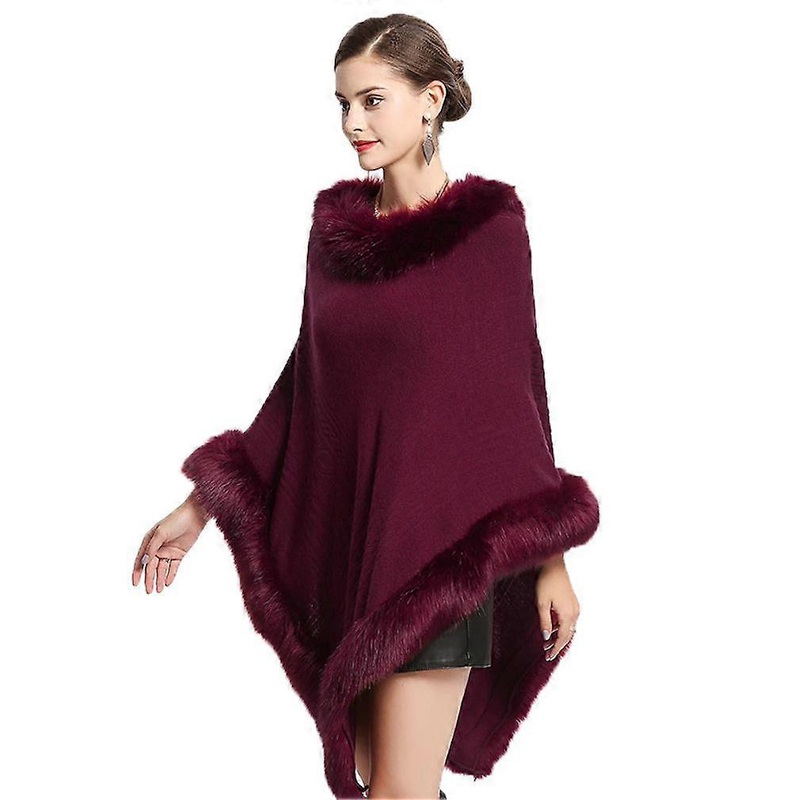 Burgundy Wraps Shawls with Faux Fur Trimming Crochet Cape Pullover Wrap for Lady | Fruugo SG