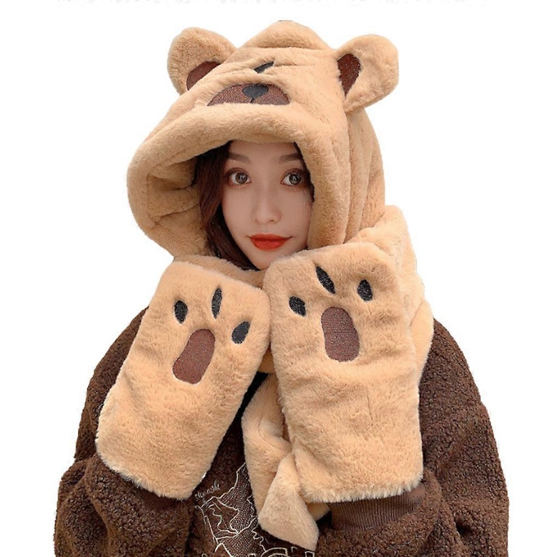 Hooded Scarf Bear Ear Hat Scarf Winter Winter Hat Scarf Gloves Set For Girl Girl Fashion Cute Cartoon Mink-like Cap  khaki | Fruugo SG