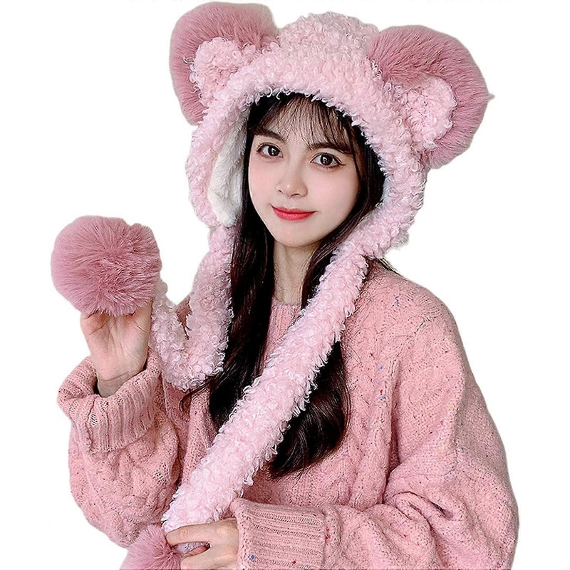 Kawaii Women Beanie Hat Teddy Bear Ears Knit Scarf Neck Warmer Gaiter Winter Japanese Faux Fur Pom Pom Fleece Warm Cute Hood Pink – | Fruugo SG