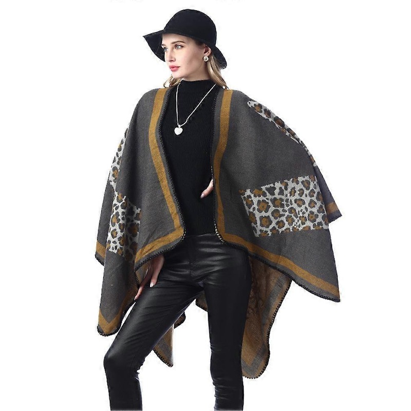 Leopard Print Thicken Shawl Scarf Open Front Poncho Winter Cardigant for Lady | Fruugo SG