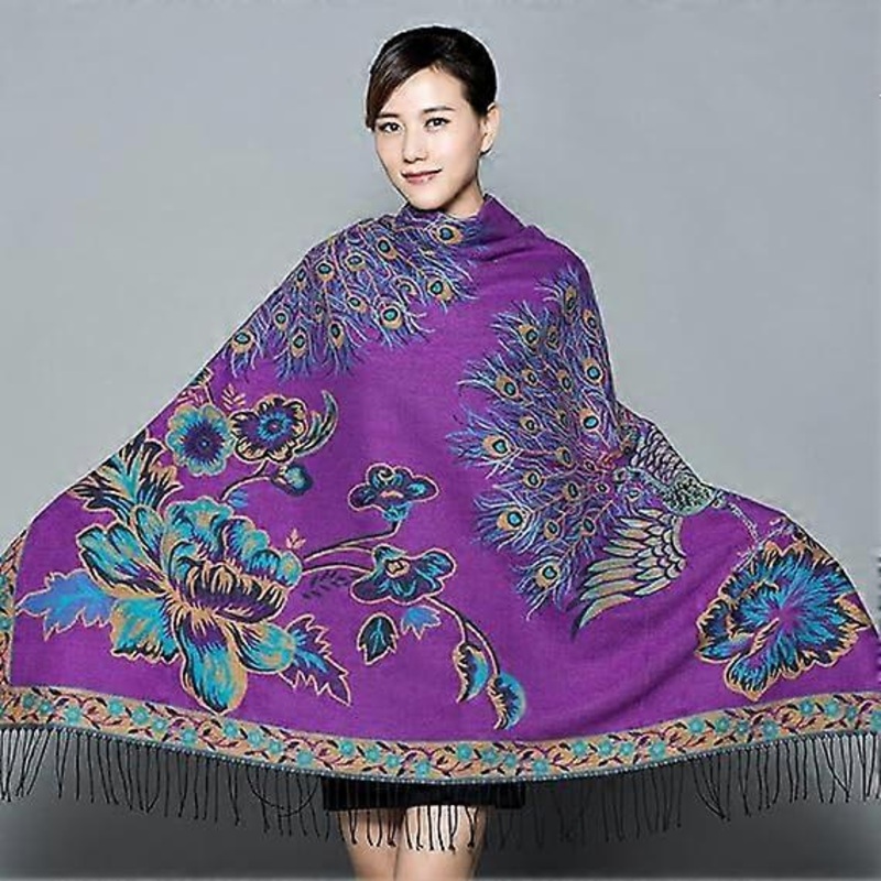 Women’s Autumn Winter Cold-Proof Scarf Vintage Purple Peacock Peony Flower Print Square Scarf Tassel Ethnic Warm Soft Cashmere Touch Scarf Blanket | Fruugo SG
