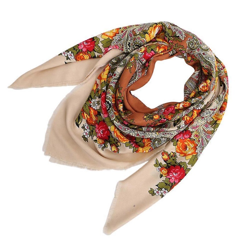 Elegant Scarf Beige Floral Printed Shawl Russian Outing Accessory 130x130cm Cotton 1Set | Fruugo SG