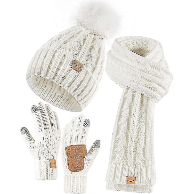 Womens Beanie Hat Scarf Gloves Set Fleece Lined Winter Hat with Pom Pom Long Knit Scarf Touchscreen | Fruugo SG