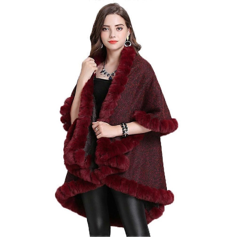 Burgundy Wraps Shawls with Faux Fur Trimming Crochet Loose Cardigan for Lady | Fruugo SG