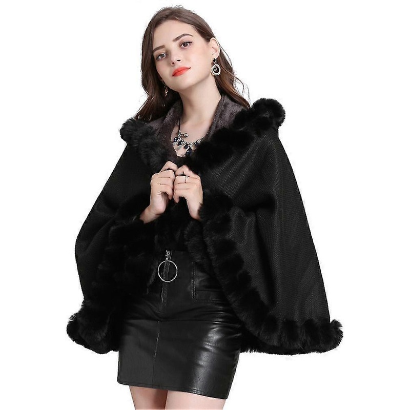 Ladies’ Hooded Cape with Faux Fur Trimming Knitting Cape for Women | Fruugo SG