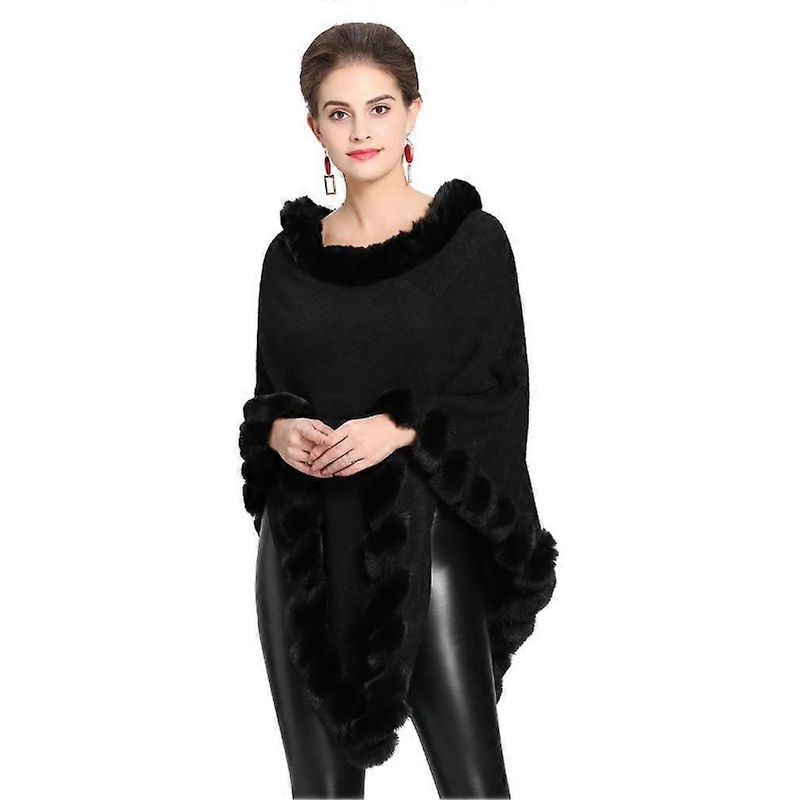 Ladies’ Warm Wraps Shawls with Faux Fur Trimmed Long Black Loose Pullover Cape for Lady | Fruugo SG