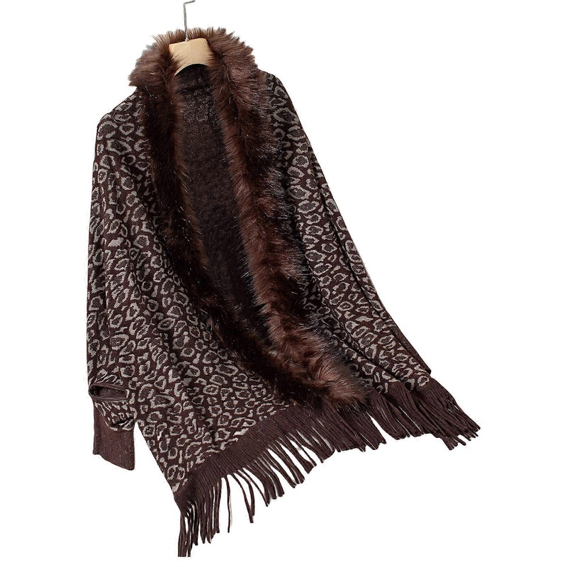 Loose Fit Furry Collar Shrug Cardigan Knit Leopard Long Batwing Sleeve Open Front Sweater Shawl for Women Ponchos Capes  Coffee | Fruugo SG